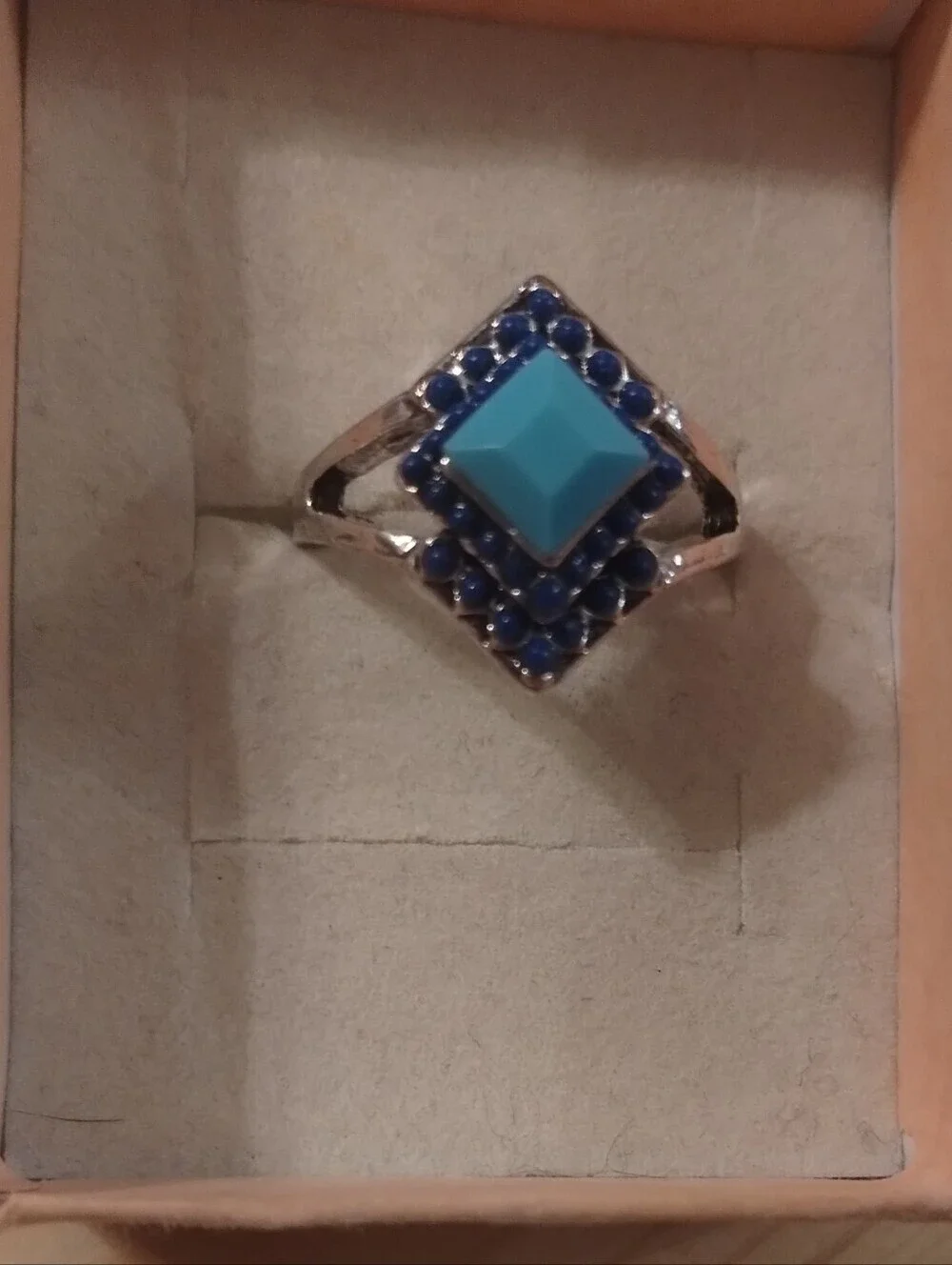 Turquoise Blue Geometric Statement Ring Silver Tone Boho Size 8.5